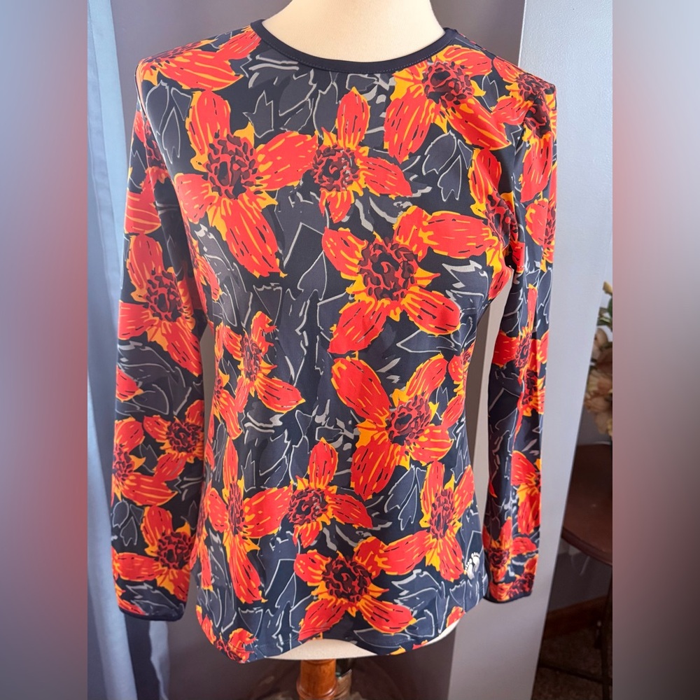 Hang Ten woman’s Small Floral Long Sleeve swim Top - Black and Orange/Red